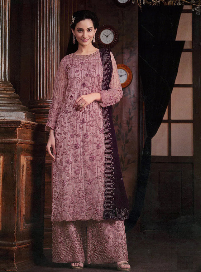 Dusty Pink Embroidered Net Palazzo Kameez