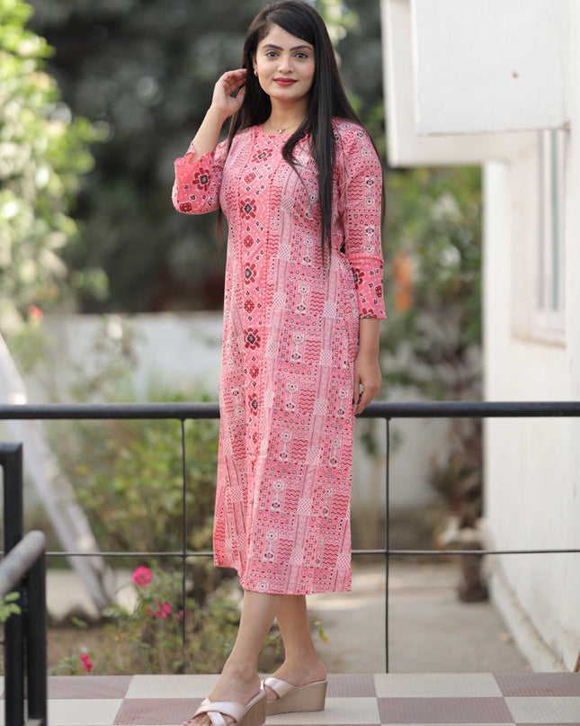 Coral Pink Pure Cotton Printed Kurti