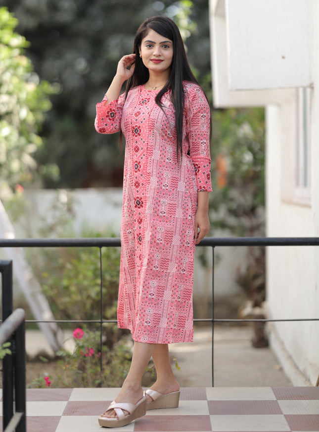 Coral Pink Pure Cotton Printed Kurti