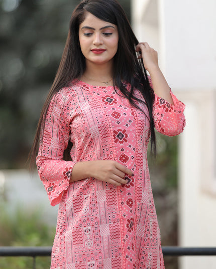 Coral Pink Pure Cotton Printed Kurti