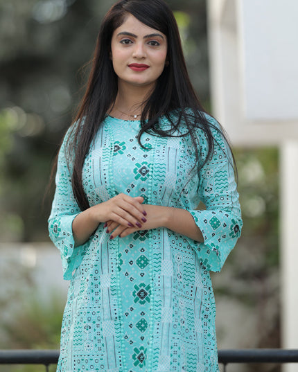 Aqua Blue Pure Cotton Printed Kurti