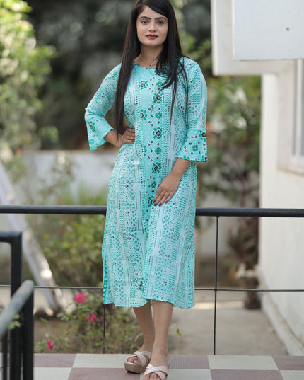 Aqua Blue Pure Cotton Printed Kurti