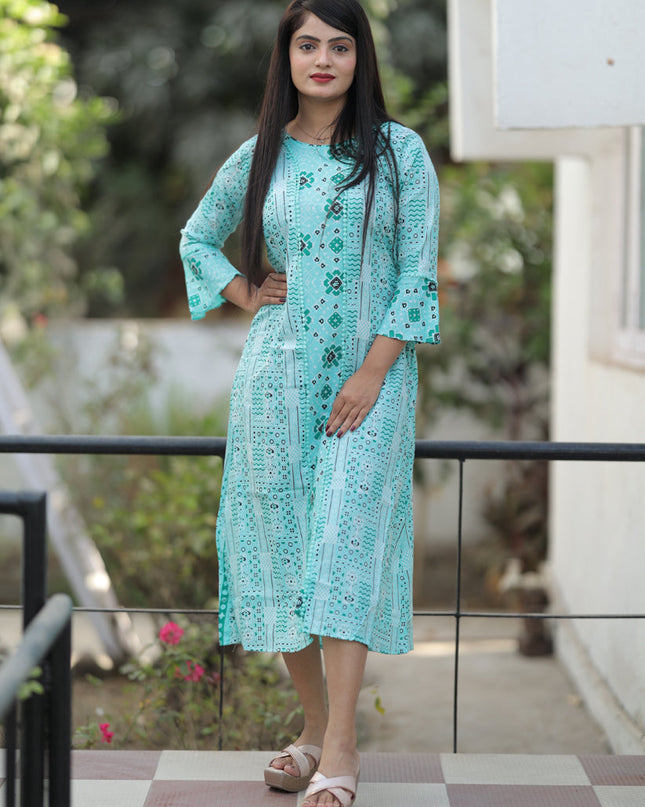 Aqua Blue Pure Cotton Printed Kurti