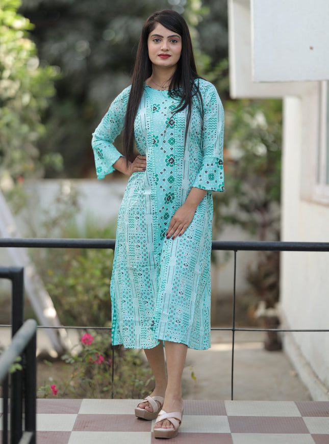 Aqua Blue Pure Cotton Printed Kurti