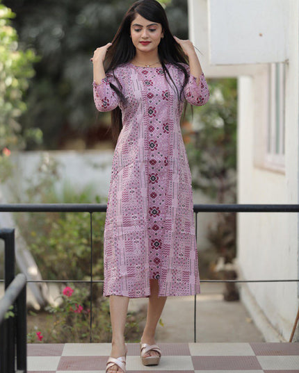Lilac Pink Pure Cotton Printed Kurti