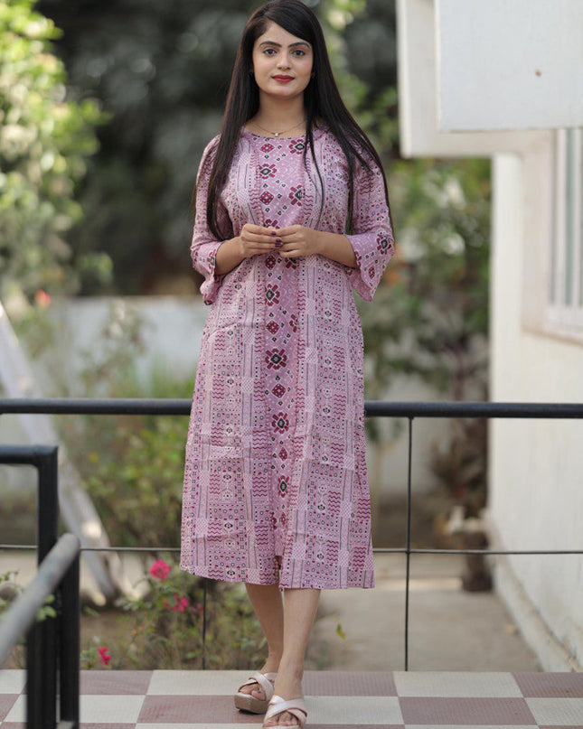 Lilac Pink Pure Cotton Printed Kurti