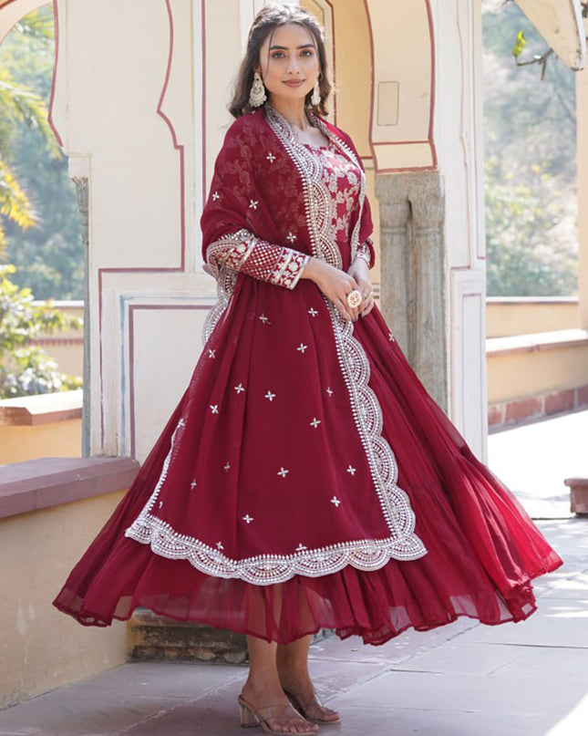 Maroon Faux Georgette Embroidered Gown with Dupatta