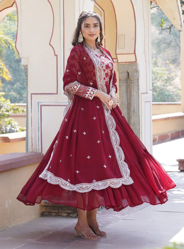 Maroon Faux Georgette Embroidered Gown with Dupatta