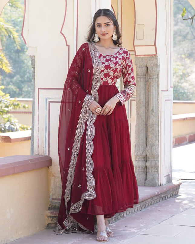 Maroon Faux Georgette Embroidered Gown with Dupatta