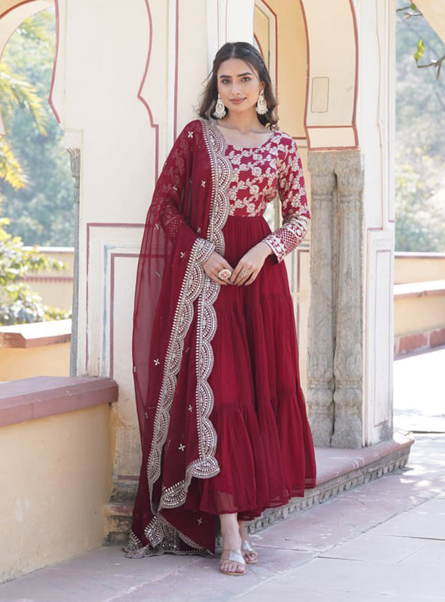 Maroon Faux Georgette Embroidered Gown with Dupatta