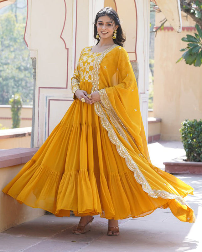 Mustard Yellow Faux Georgette Embroidered Gown with Dupatta