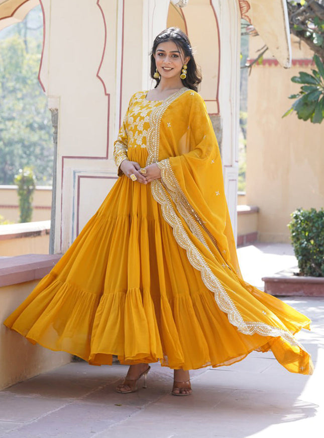 Mustard Yellow Faux Georgette Embroidered Gown with Dupatta