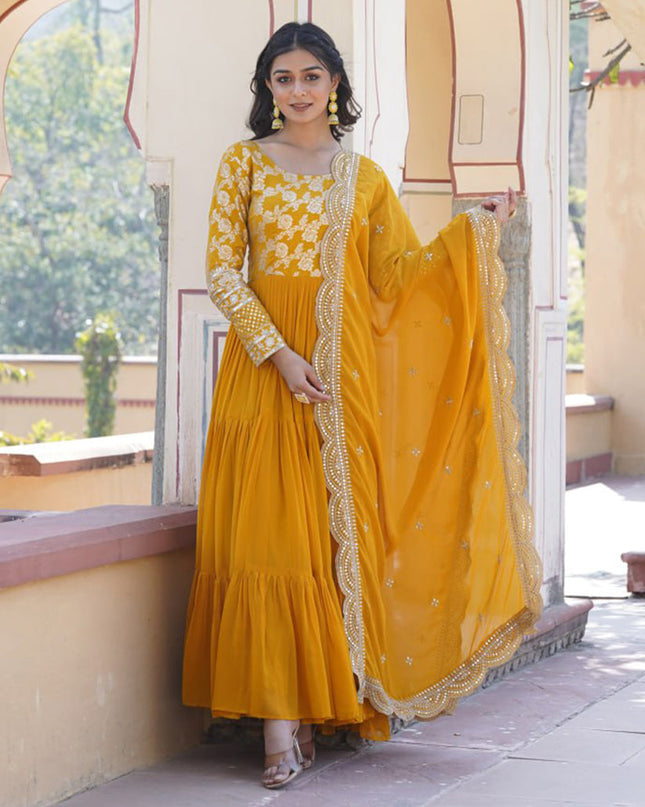 Mustard Yellow Faux Georgette Embroidered Gown with Dupatta