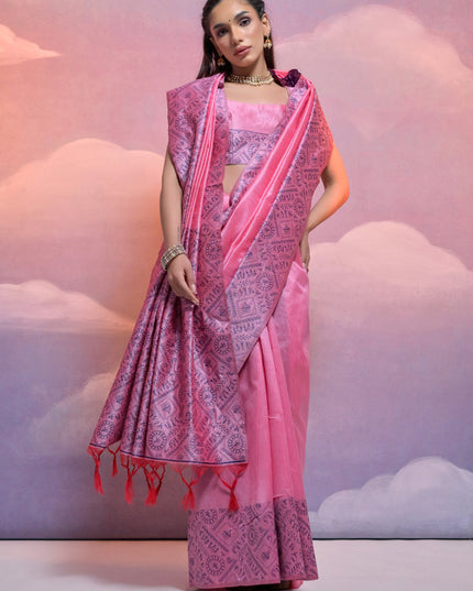 Pink Handloom Raw Silk Woven Saree