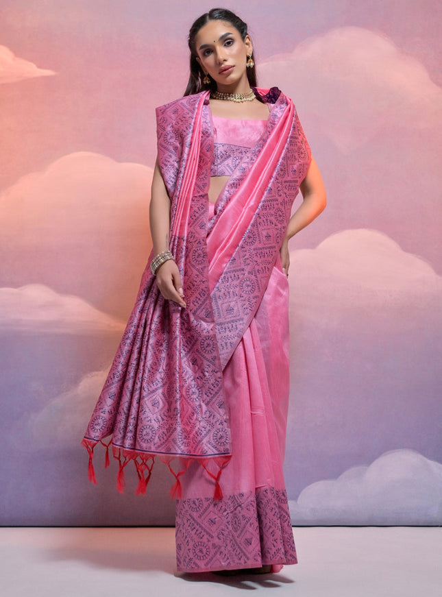 Pink Handloom Raw Silk Woven Saree