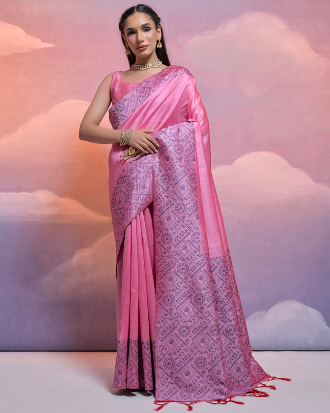 Pink Handloom Raw Silk Woven Saree