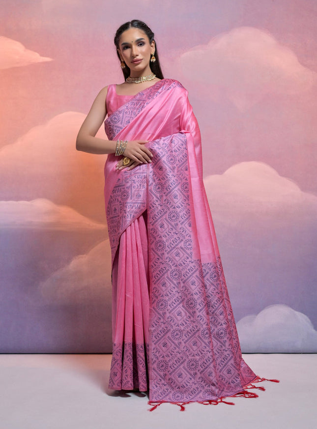 Pink Handloom Raw Silk Woven Saree