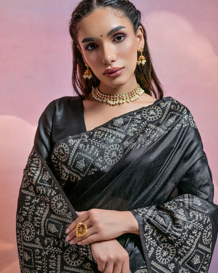 Black Handloom Raw Silk Woven Saree