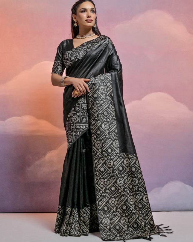 Black Handloom Raw Silk Woven Saree