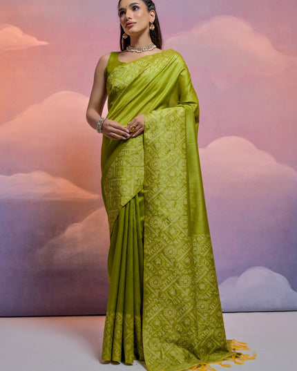 Mahendi Green Handloom Raw Silk Woven Saree