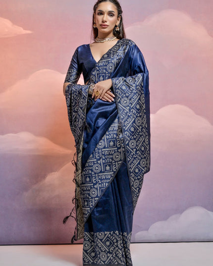 Navy Blue Handloom Raw Silk Woven Saree