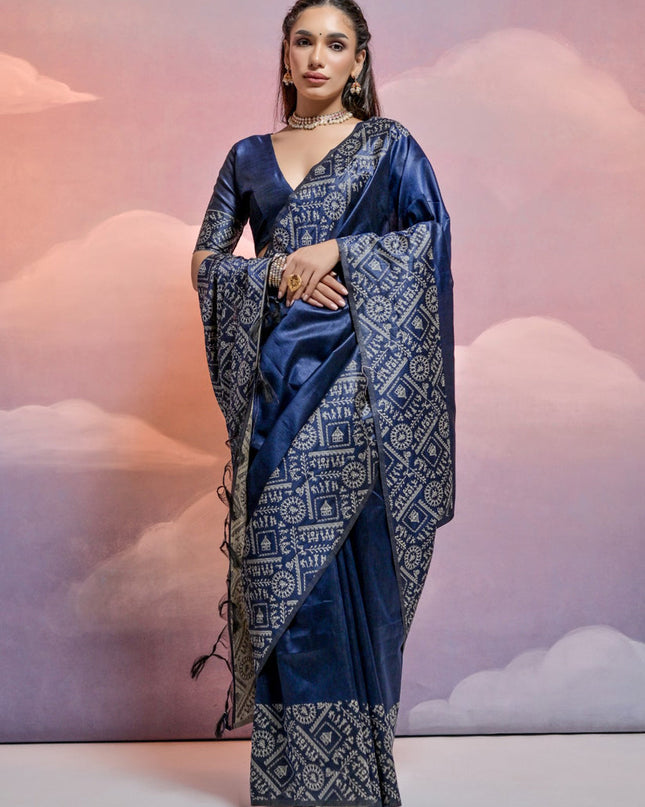 Navy Blue Handloom Raw Silk Woven Saree