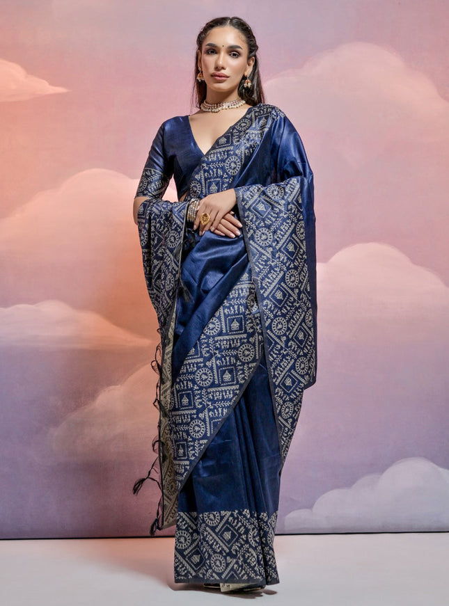 Navy Blue Handloom Raw Silk Woven Saree