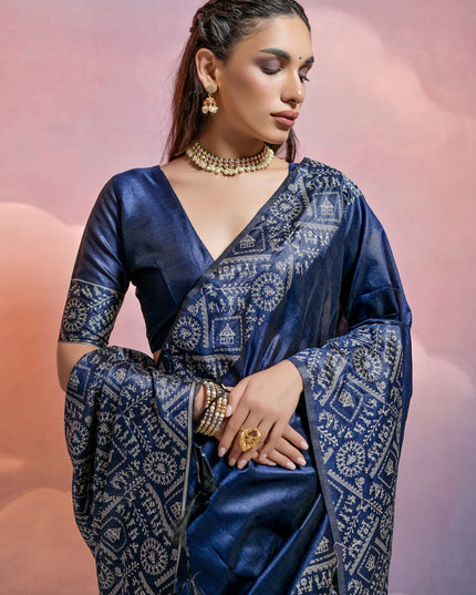 Navy Blue Handloom Raw Silk Woven Saree