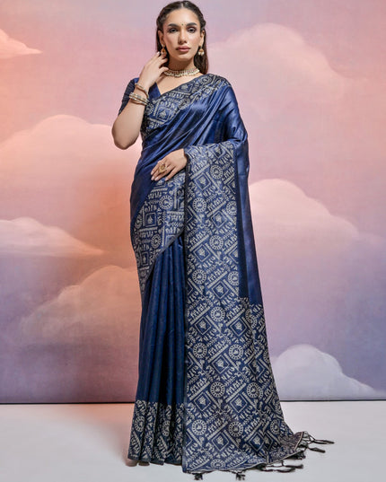 Navy Blue Handloom Raw Silk Woven Saree