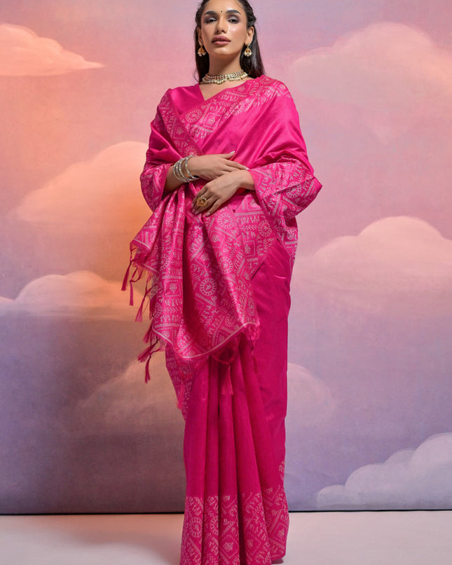 Rani Pink Handloom Raw Silk Woven Saree