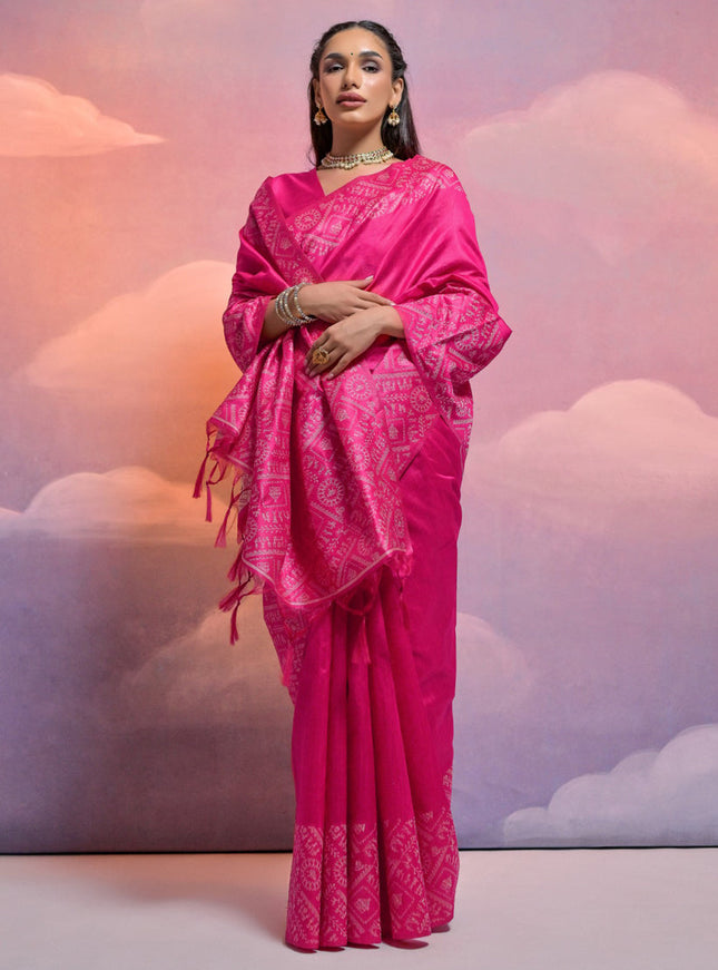 Rani Pink Handloom Raw Silk Woven Saree