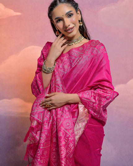Rani Pink Handloom Raw Silk Woven Saree