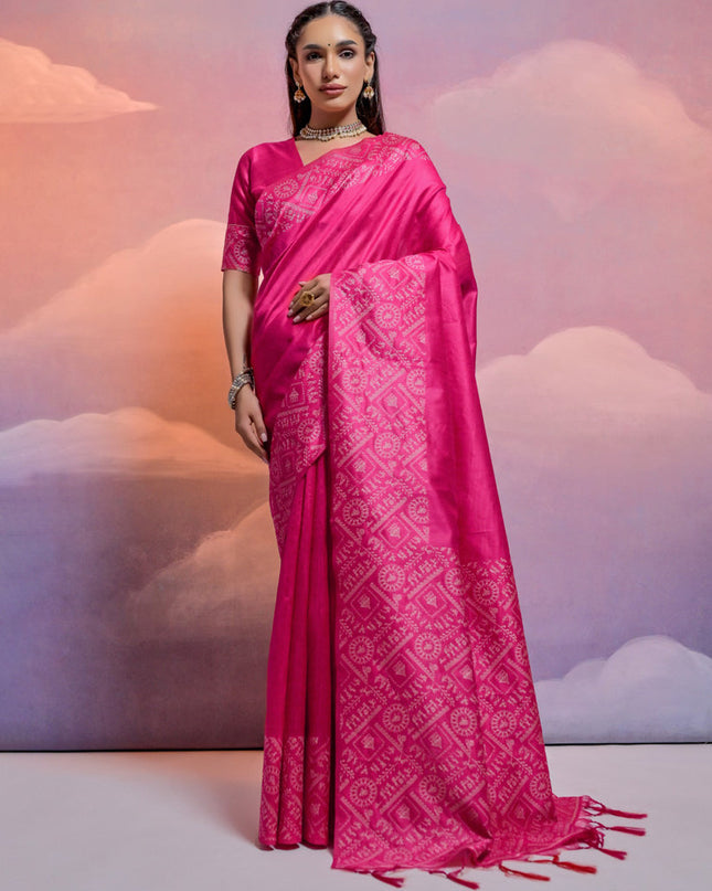 Rani Pink Handloom Raw Silk Woven Saree