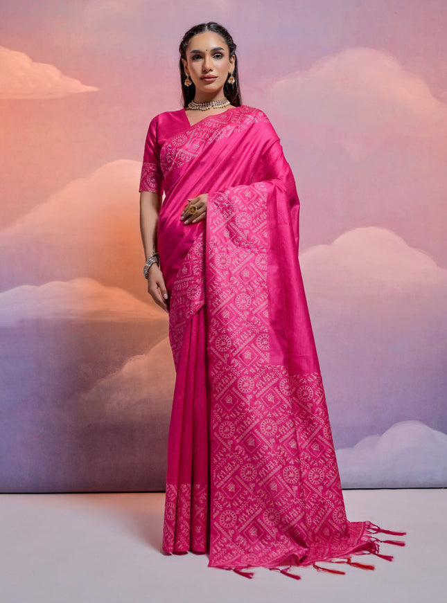 Rani Pink Handloom Raw Silk Woven Saree