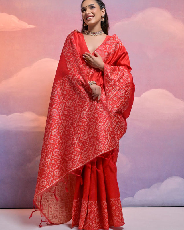 Red Handloom Raw Silk Woven Saree