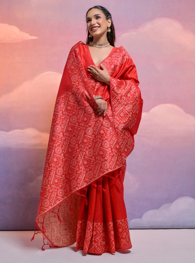 Red Handloom Raw Silk Woven Saree