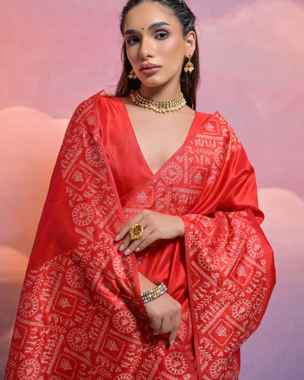 Red Handloom Raw Silk Woven Saree