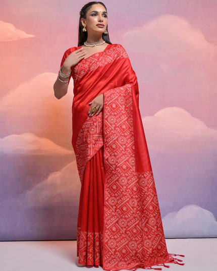 Red Handloom Raw Silk Woven Saree