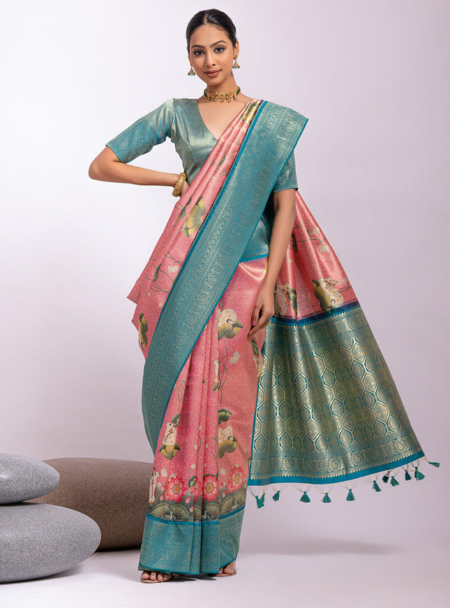 Pink Tissue Silk Zari Woven Saree