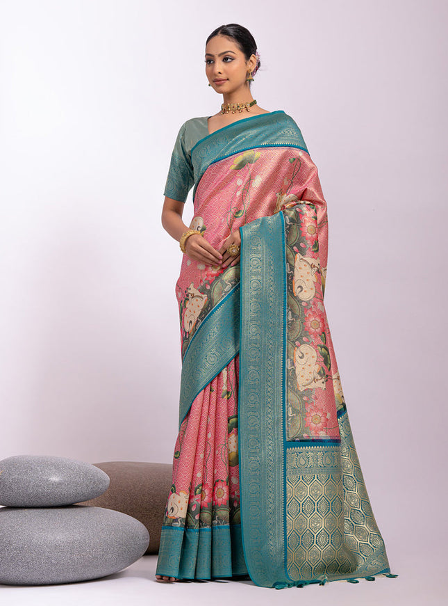 Pink Tissue Silk Zari Woven Saree