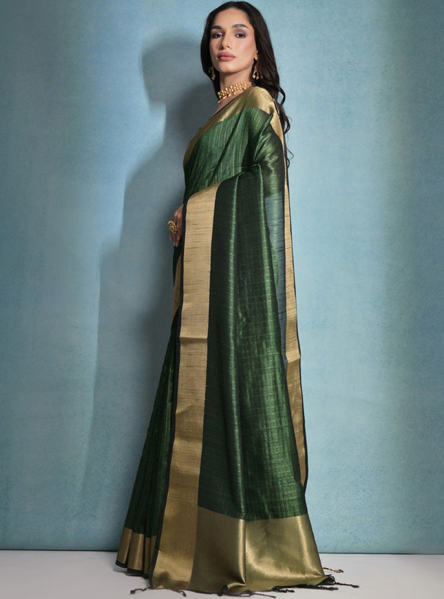 Bottle Green Raw Silk Woven Saree