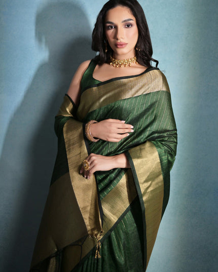 Bottle Green Raw Silk Woven Saree