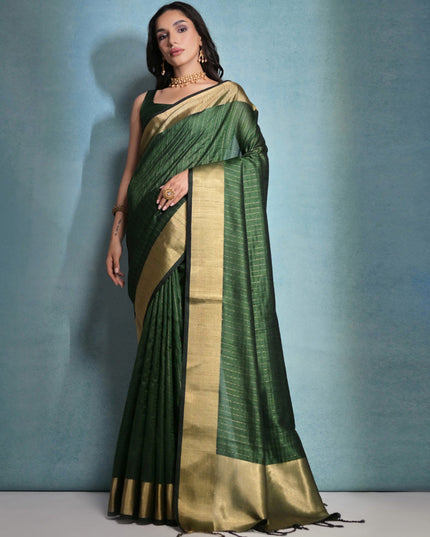 Bottle Green Raw Silk Woven Saree