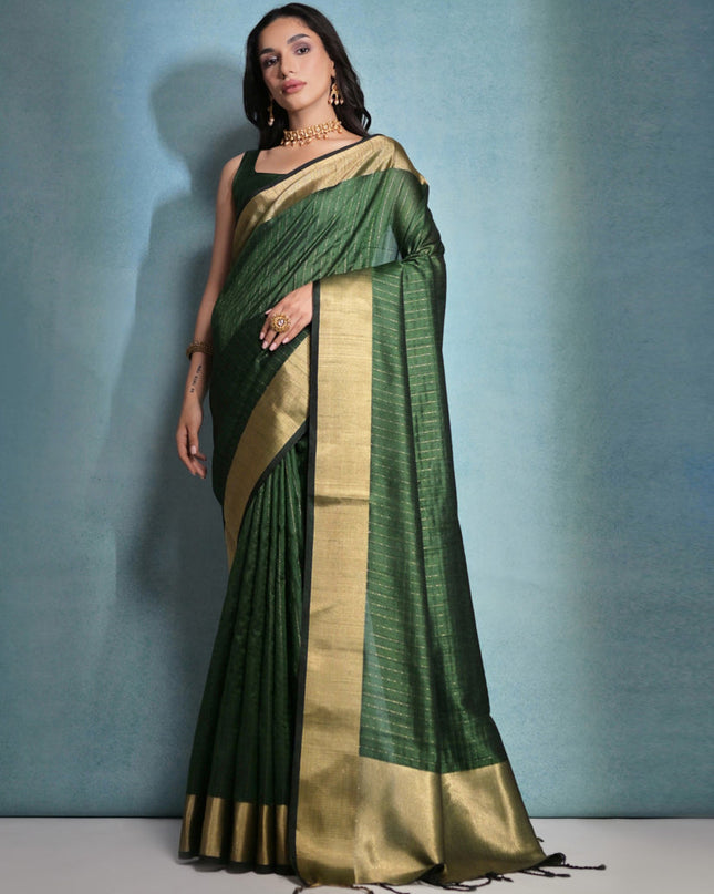 Bottle Green Raw Silk Woven Saree