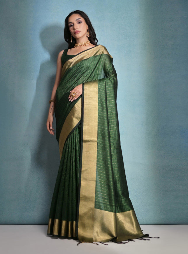 Bottle Green Raw Silk Woven Saree