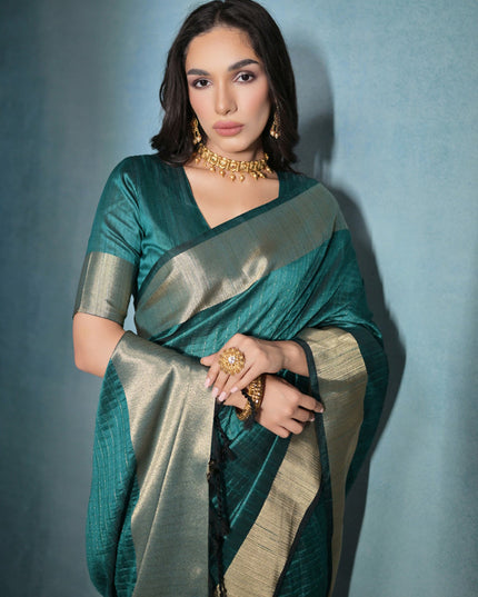 Rama Green Raw Silk Woven Saree