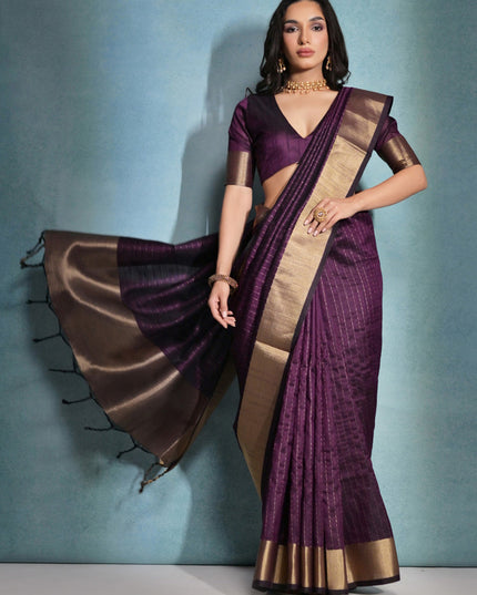 Wine Raw Silk Woven Saree