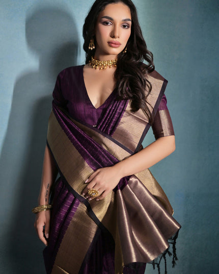 Wine Raw Silk Woven Saree