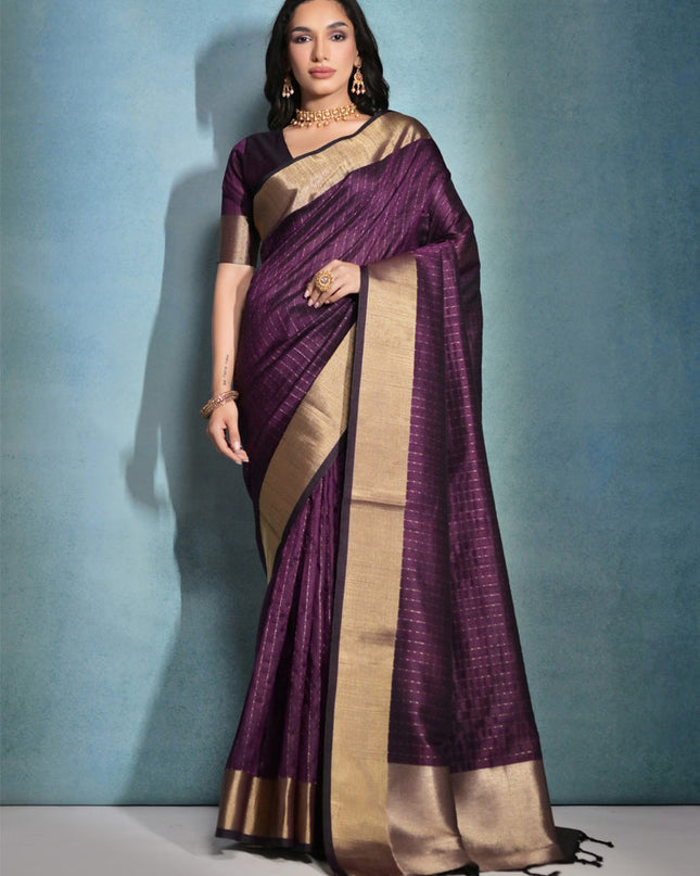 Wine Raw Silk Woven Saree