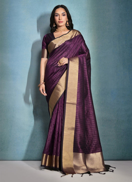 Wine Raw Silk Woven Saree